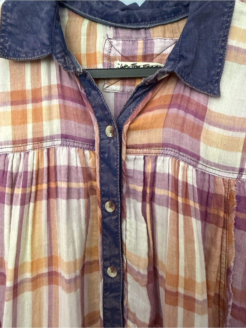 Free People Plaid Button-Front Top in Pink, Orange, Purple - Picture 6 of 13